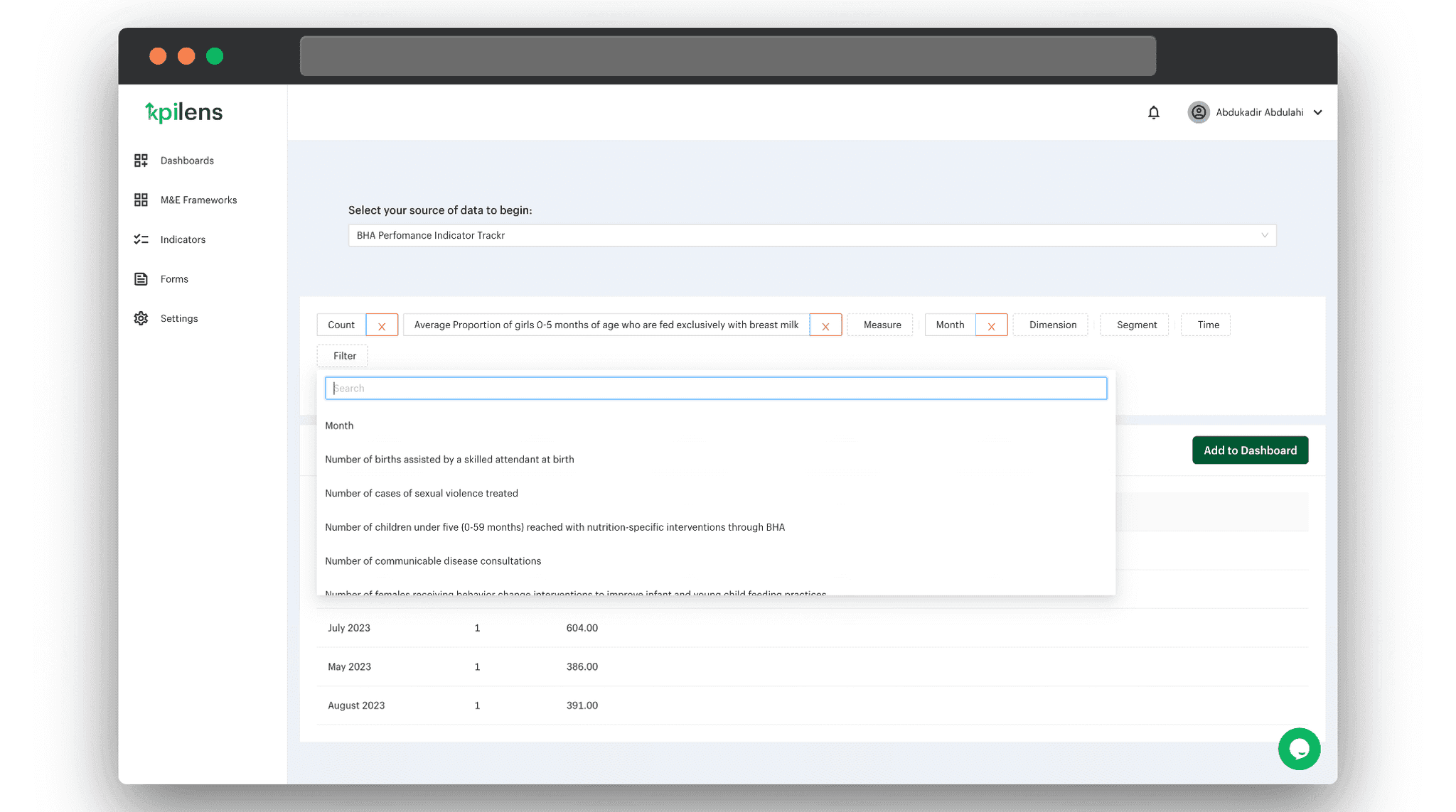 KPILens Query Builder - Select Dimension