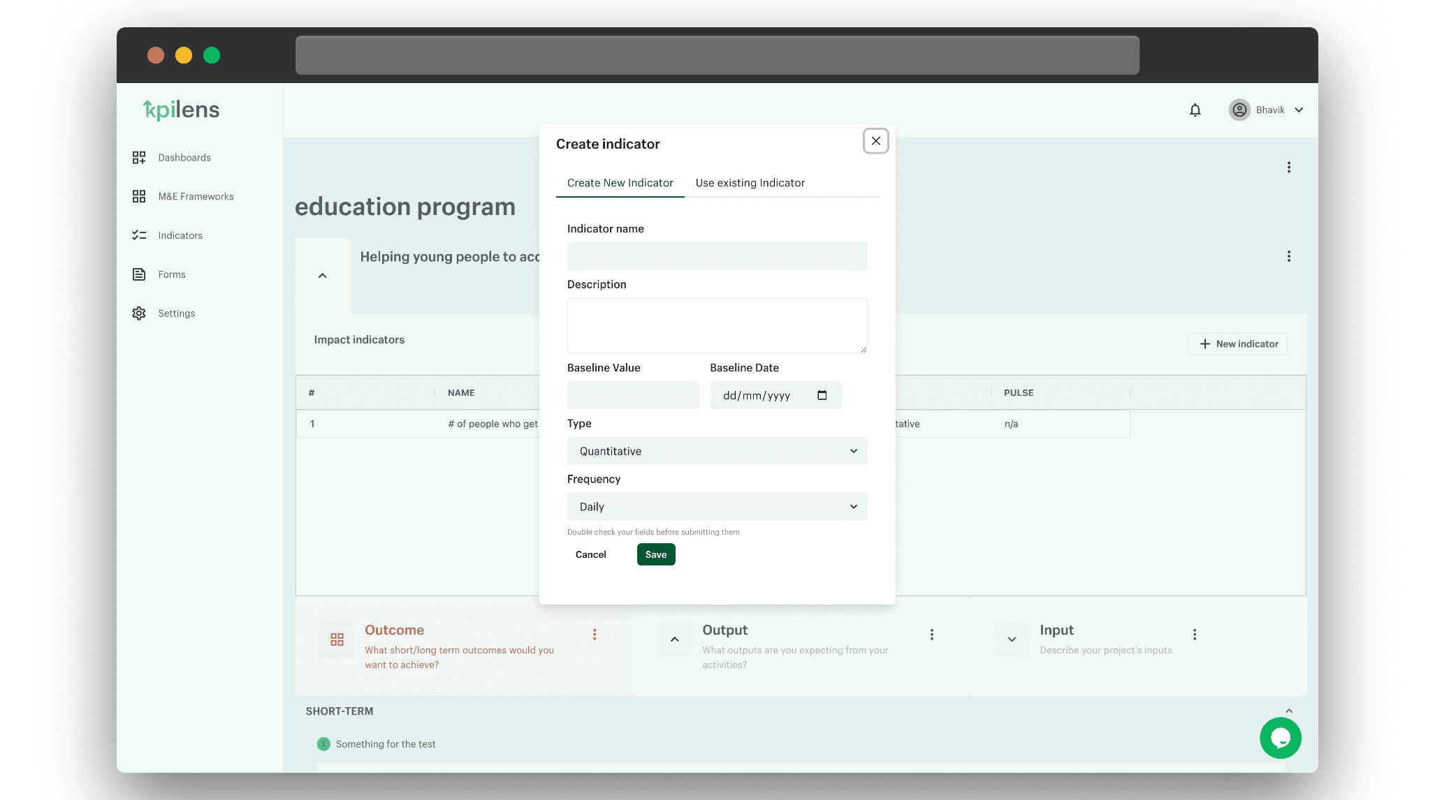 KPILens M&E Frameworks Create Indicator